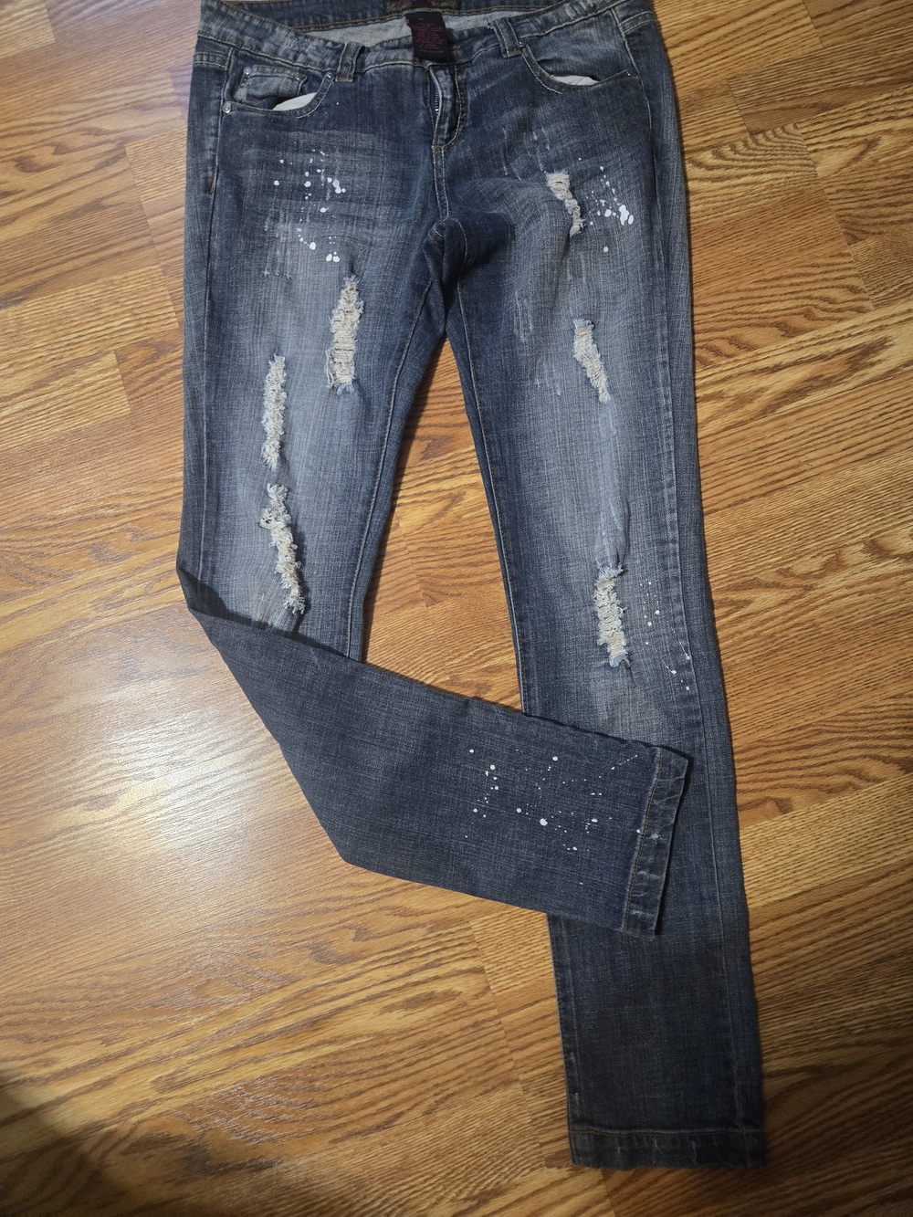 Blue Spice Dark Wash Distressed Skinny Jeans with Paint Splatter